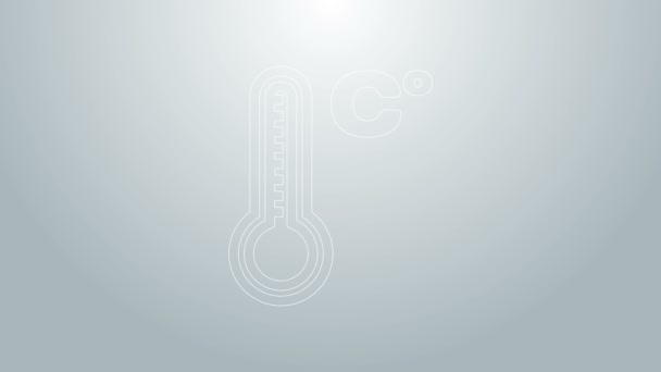 Línea azul Termómetro de meteorología que mide el calor y el frío icono aislado sobre fondo gris. Temperatura Celsius. Animación gráfica de vídeo 4K - Metraje, vídeo