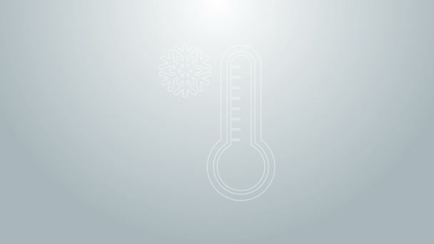 Blauwe lijn Meteorologie thermometer meten warmte en koude pictogram geïsoleerd op grijze achtergrond. Thermometer apparatuur toont warm of koud weer. 4K Video motion grafische animatie - Video
