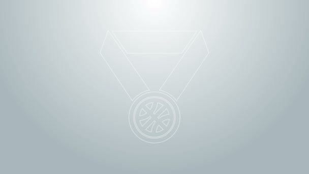 リボンアイコンがグレーの背景に隔離されたブルーラインバスケットボールメダル。4Kビデオモーショングラフィックアニメーション - 映像、動画