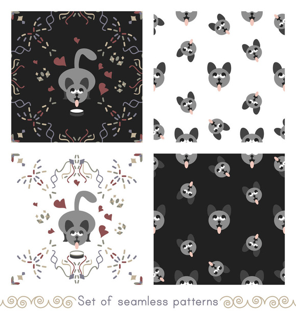 Set of seamless patterns. Gray cat drinking milk and Gray cat heads sticking out their tongue. Funny and cute. Vector. - Vector, Image