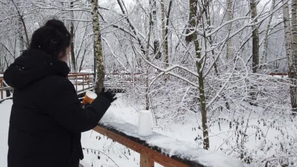 Hermosa joven camina en invierno en el parque con un vaso de café en sus manos - Metraje, vídeo