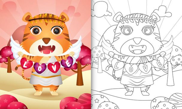 livre à colorier pour les enfants avec un ange tigre mignon en utilisant le costume de Cupidon tenant drapeau en forme de coeur - Vecteur, image