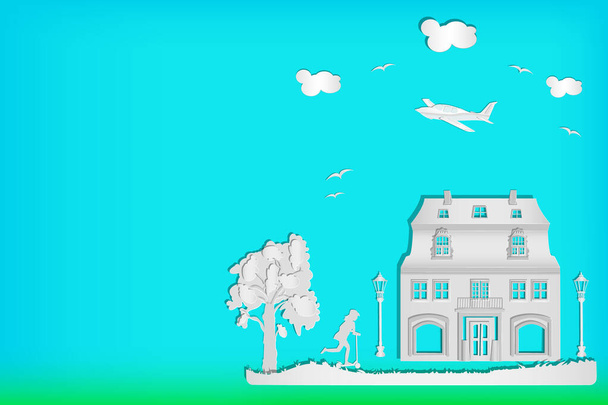 Haus, Baum, Mädchen mit Roller, Straßenlaterne, kleines Flugzeug und Wolken vor blauem Himmel. Stadtlandschaft im Stil der Papierkunst. Banner für Immobilienkonzept, Reparatur, Bau, Verkauf oder Hausversicherung mit Kopierfläche. Aktienvektor - Vektor, Bild