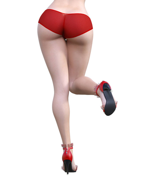 3D hermosas piernas femeninas sexy pantalones rojos y sandalias. Mujer estudio de fotografía. Tacón alto. Arte conceptual de la moda. Seductor franco pose.Render ilustración aislada. Verano ropa íntima - Foto, imagen
