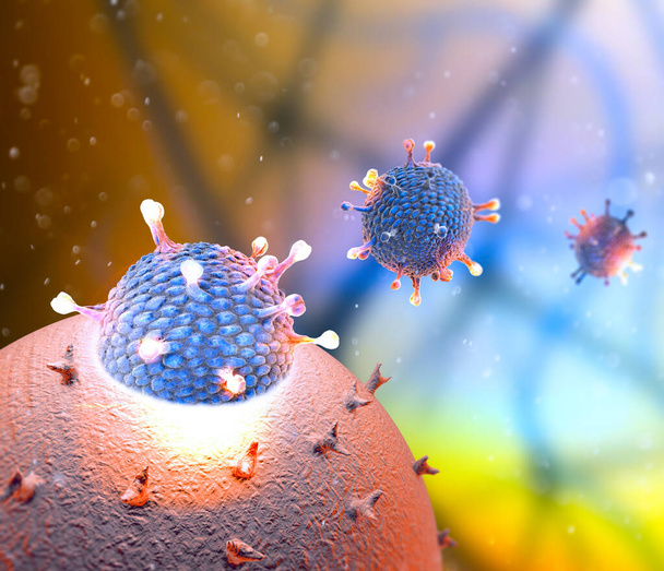 Mikroskopijny widok na Coronavirus, patogen atakujący drogi oddechowe. Covid-19. Analiza i test, renderowanie 3d. Zakażenie wirusowe. Rozprzestrzenianie się wirusa w organizmie człowieka. Szczepionka - Zdjęcie, obraz