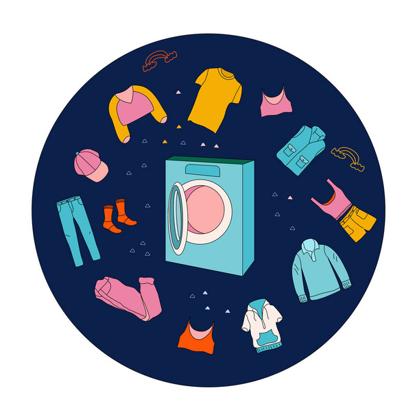 Cleaning dirty clothes with washing machine.Laundry concept.Domestic device with garment goods around.Daily life routine.Trendy doodle style vector poster. Care of your wardrobe.Charity and volunteer - Vector, Image