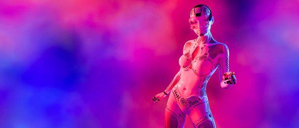 Woman robot virtual reality glasses.White metal droid.Neural networks.Artificial Intelligence.Conceptual fashion art.3D render.Colorful smoke background.Copy space.Minimal style.Sci-fi.Future is today - Φωτογραφία, εικόνα