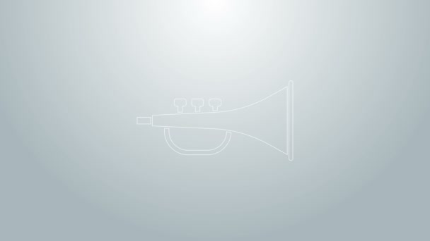 Ligne bleue Icône trompette instrument de musique isolée sur fond gris. Animation graphique de mouvement vidéo 4K - Séquence, vidéo