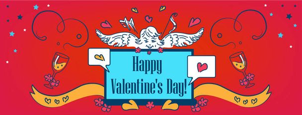 Happy Valentine 's Day Facebook-Seite, Website Cover. Engel im Netzwerk und Laptop, Text für den Online-Party-Chat. Illustration, Vorlage, Banner, Glückwunschpostkarte, Banner.  - Foto, Bild