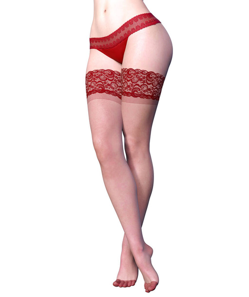 Beautiful long slender sexy female legs red panties and stockings.Beautiful underwear collection.Provocative liberated pose.3D rendering.Isolate.Conceptual fashion art. - Фото, изображение