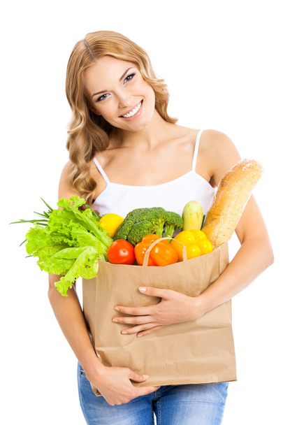 Woman with vegetarian food, on white - Fotó, kép
