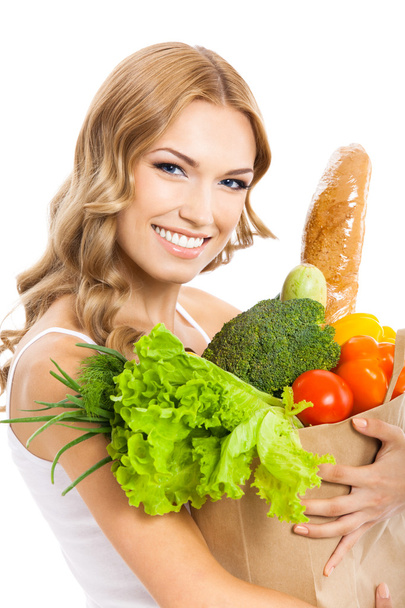 vrouw met vegetarisch voedsel, op wit - Foto, afbeelding