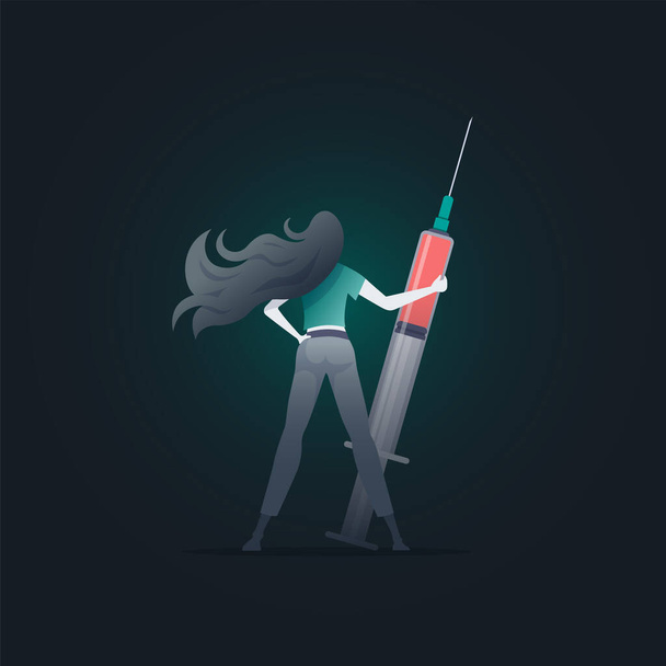 Kobieta z falowanymi włosami trzyma strzykawkę ze szczepieniem. Widok z tyłu. Jest gotowa do walki z koronawirusem. Ilustracja koncepcji wektora. - Wektor, obraz