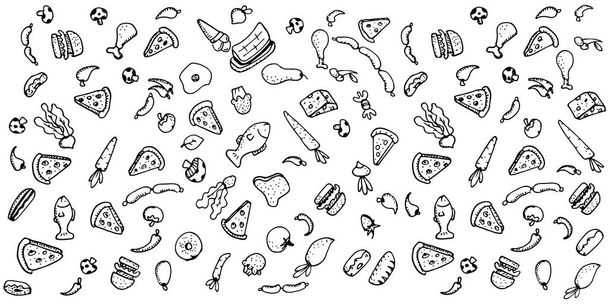 Ruoka doodles abstrakti tausta. Vektori kuvitus valikon tai elintarvikepakkauksen suunnittelu, banneri, esitystapa, juliste, ja lentolehtinen. Joukko terveellisiä elintarvikkeiden ainesosia. Käsin piirretyt piirustukset - Vektori, kuva