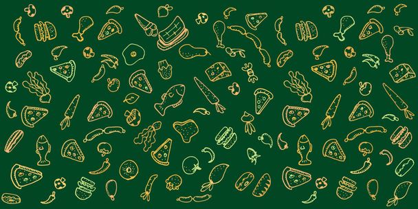 Food doodles abstract background. Vector illustration for menu or food package design, banner, presentation design, poster, and flyer. Set of healthy food ingredients. Hand drawn sketches - Vector, Image