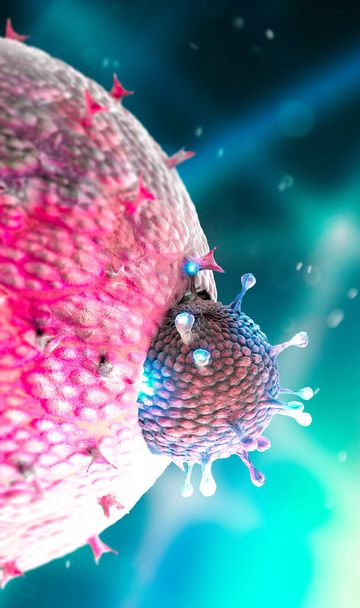 Микроскопический вид коронавируса, патогена, поражающего дыхательные пути. Ковид-19. Анализ и тест, 3D рендеринг. Вирусная инфекция. Распространение вируса в организме человека. Вакцина - Фото, изображение