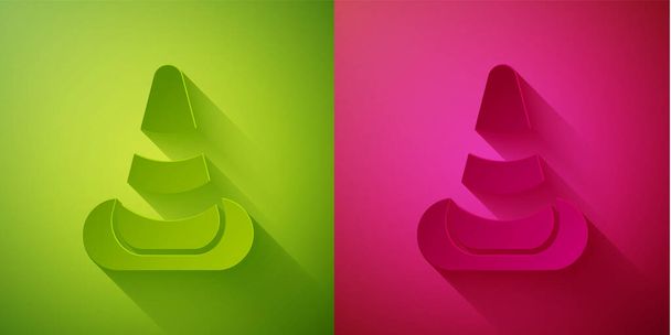 Paper cut Traffic cone icon isolated on green and pink background. Paper art style. Vector. - Vector, Image