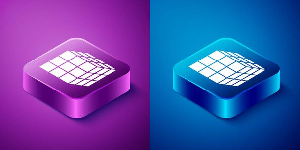 Isometrisches Rubik-Würfel-Symbol isoliert auf blauem und lila Hintergrund. Mechanisches Puzzle-Spielzeug. Rubik 's Cube 3D-Kombinationsrätsel. Quadratische Taste. Vektor. - Vektor, Bild