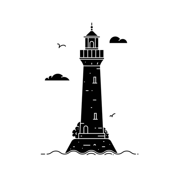 Silhouette lighthouse on island in sea with clouds and waves - Vector, imagen
