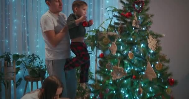 La famiglia decora insieme l'albero di Natale. Il padre è una madre e due figli messi insieme sugli alberi di Natale. Buona famiglia alla vigilia di Natale - Filmati, video