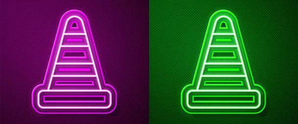 Linea al neon luminosa Icona cono traffico isolato su sfondo viola e verde. Vettore. - Vettoriali, immagini