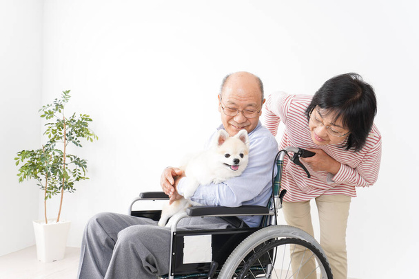 vanha nainen hoitaa miehensä pyörätuolissa - Valokuva, kuva