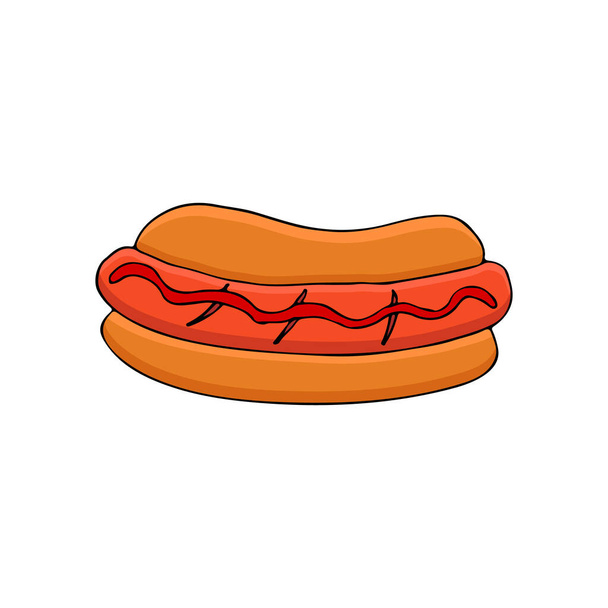 Colorido doodle hot dog ilustración en vector. Ilustración aislada de hot dog plano en vector. Icono colorido de perro caliente en el vector - Vector, Imagen
