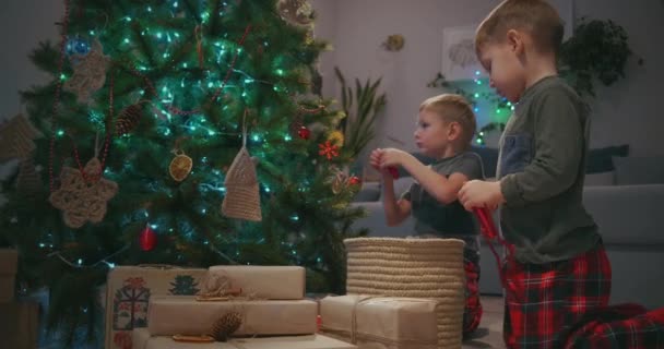 Dva chlapci zdobí vánoční stromeček vánoční stromeček v obývacím pokoji s vánoční hračky. Příprava na nový rok a Vánoce - Záběry, video