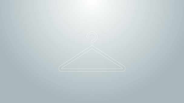 Línea azul Percha armario icono aislado sobre fondo gris. Icono del guardarropa. Símbolo de servicio de ropa. Señal de colgador de lavandería. Animación gráfica de vídeo 4K - Metraje, vídeo