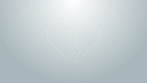 Blauwe lijn Gebroken hart of scheiding pictogram geïsoleerd op grijze achtergrond. Liefdessymbool. Valentijnsdag. 4K Video motion grafische animatie - Video