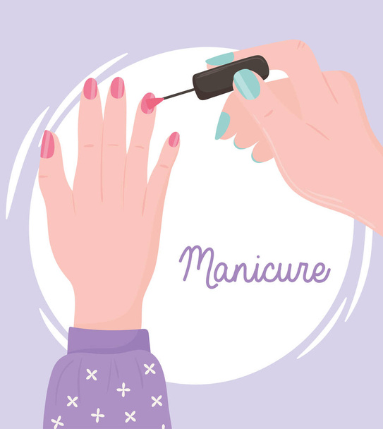 manicure, female hand painting nails or applying nail polish - Vector, Image