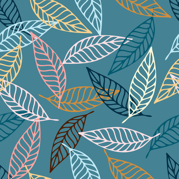Seamless vector botanical pattern colourful abstract design lined leaves on turquoise - ベクター画像