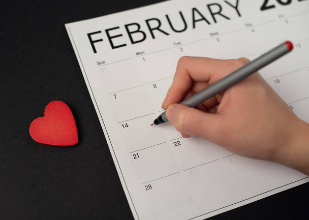 Woman's hand holding red pen above the february 14 on the paper calendar and red wooden heart - Fotografie, Obrázek