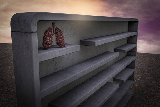 Betegség tüdő belsejében labirintus naplementekor magenta ég demonstráló No smoking is complicated. 3D illusztráció - Fotó, kép