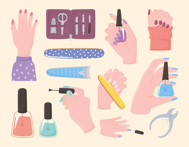 manicura, establecer iconos manos uñas esmalte cortador de lima kit herramientas y accesorios - Vector, imagen