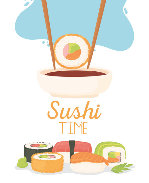 tiempo de sushi, palillo con rollo en salsa de soja y platos nigiri, temaki, tamago, sashimi - Vector, imagen