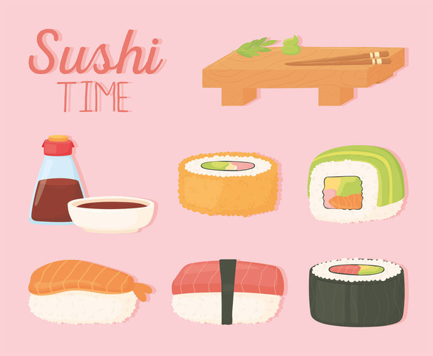 sushi time wood plate soy sauce in bottle and rolls design - Vector, Image