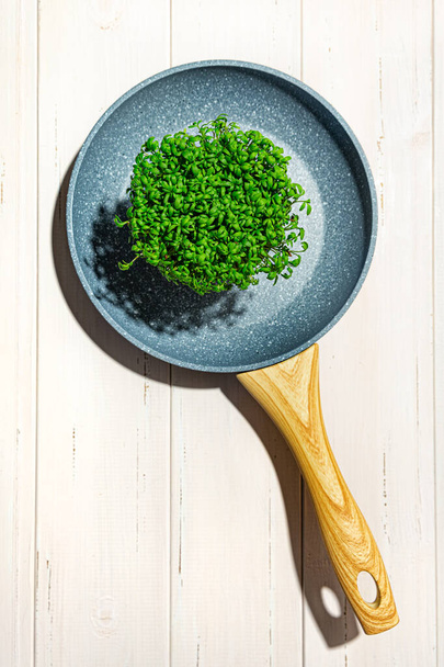Micro greens in a frying pan with a wooden handle on a white wooden background. - Photo, image