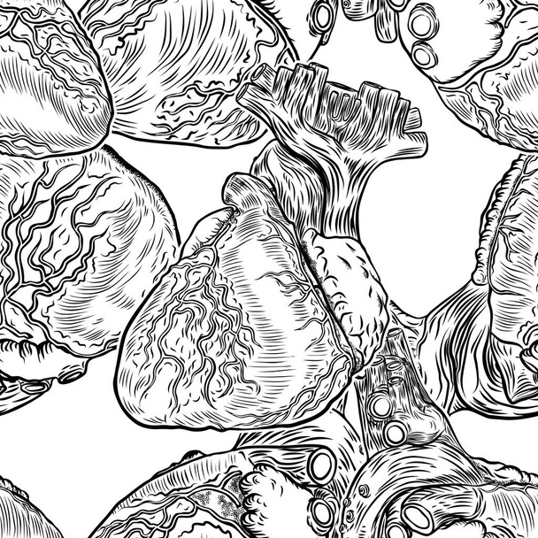 Seamless pattern of human anatomy heart. Black and color engraving isolated on background. Cartoonish silk dress fashion tattoo design Vector.  - Vektori, kuva