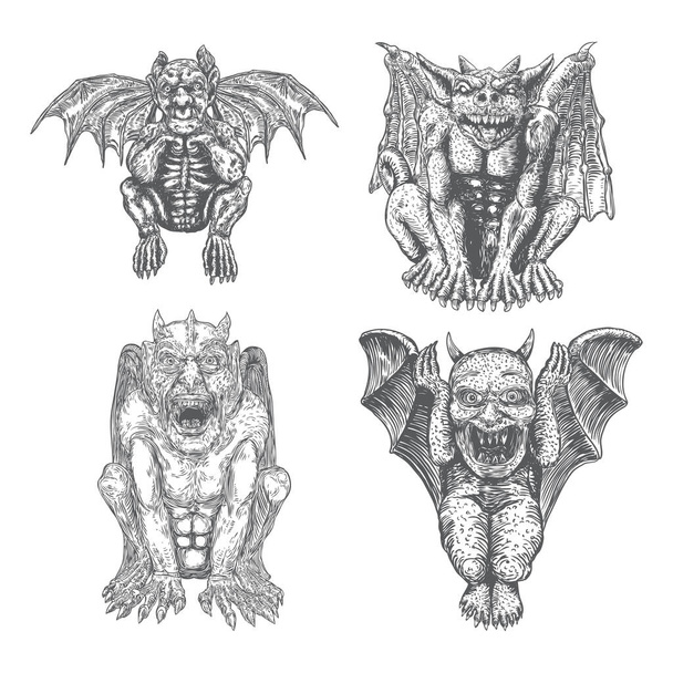 Set of mythological ancient gargoyle creatures, human and dragon like chimera with bat wings and horns. Mythical gargouille with fangs and claws. Engraved hand drawn sketch. Vector. - Vector, imagen
