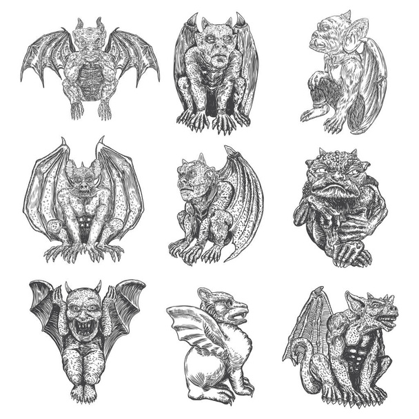 Set of gargoyle in sitting aggressive position to attack.  Human and dragon bat like demon Chimera fantastic beast creature with horns fangs and claws. Hand drawn gothic guardians at medieval. Vector  - Vector, imagen