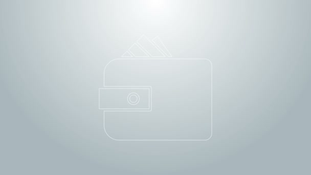 Blaue Linie Brieftasche mit Stapeln Papiergeld Bargeld Symbol isoliert auf grauem Hintergrund. Portemonnaie. Bargeldsparsymbol. 4K Video Motion Grafik Animation - Filmmaterial, Video