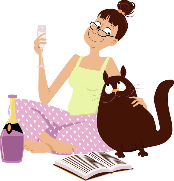 Mujer en gafas y pijamas bebiendo Champaign y leyendo en casa en compañía de su cariñoso gato, EPS 8 vector ilustración - Vector, imagen