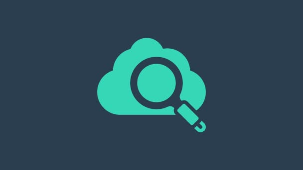 Turquoise Rechercher icône cloud computing isolé sur fond bleu. Verre grossissant et nuage. Animation graphique de mouvement vidéo 4K - Séquence, vidéo