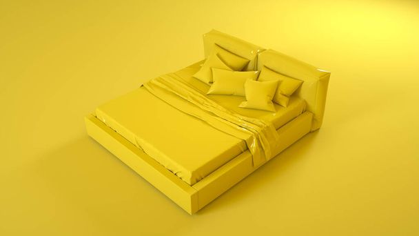 黄色のベッド黄色の背景に隔離された。3Dイラスト. - 写真・画像