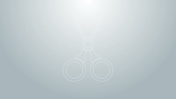 Ligne bleue Ciseaux icône coiffeur isolé sur fond gris. Coiffeur, salon de mode et enseigne de coiffeur. Symbole du coiffeur. Animation graphique de mouvement vidéo 4K - Séquence, vidéo