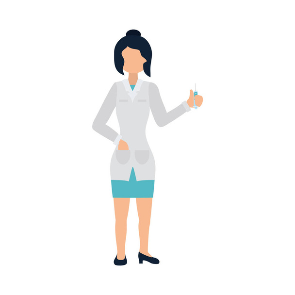 cartoon woman doctor holding a vaccine syringe, flat style - Vector, Image