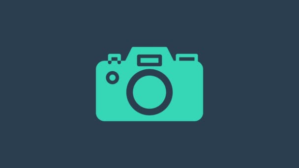 Türkis Fotokamera Symbol isoliert auf blauem Hintergrund. Ikone der Fotokamera. 4K Video Motion Grafik Animation - Filmmaterial, Video