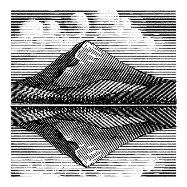 Illustration eines Berges, der sich in einem spiegelnden See spiegelt. Illustriert im Vintage-Stil. - Vektor, Bild