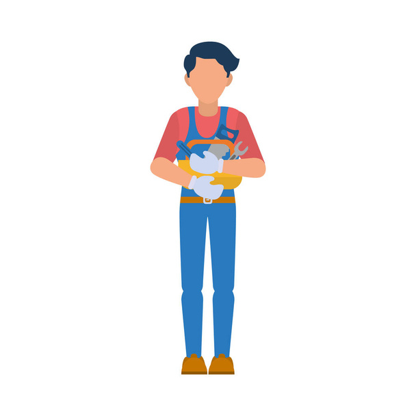 construction worker holding tools box, flat style - Vector, Image